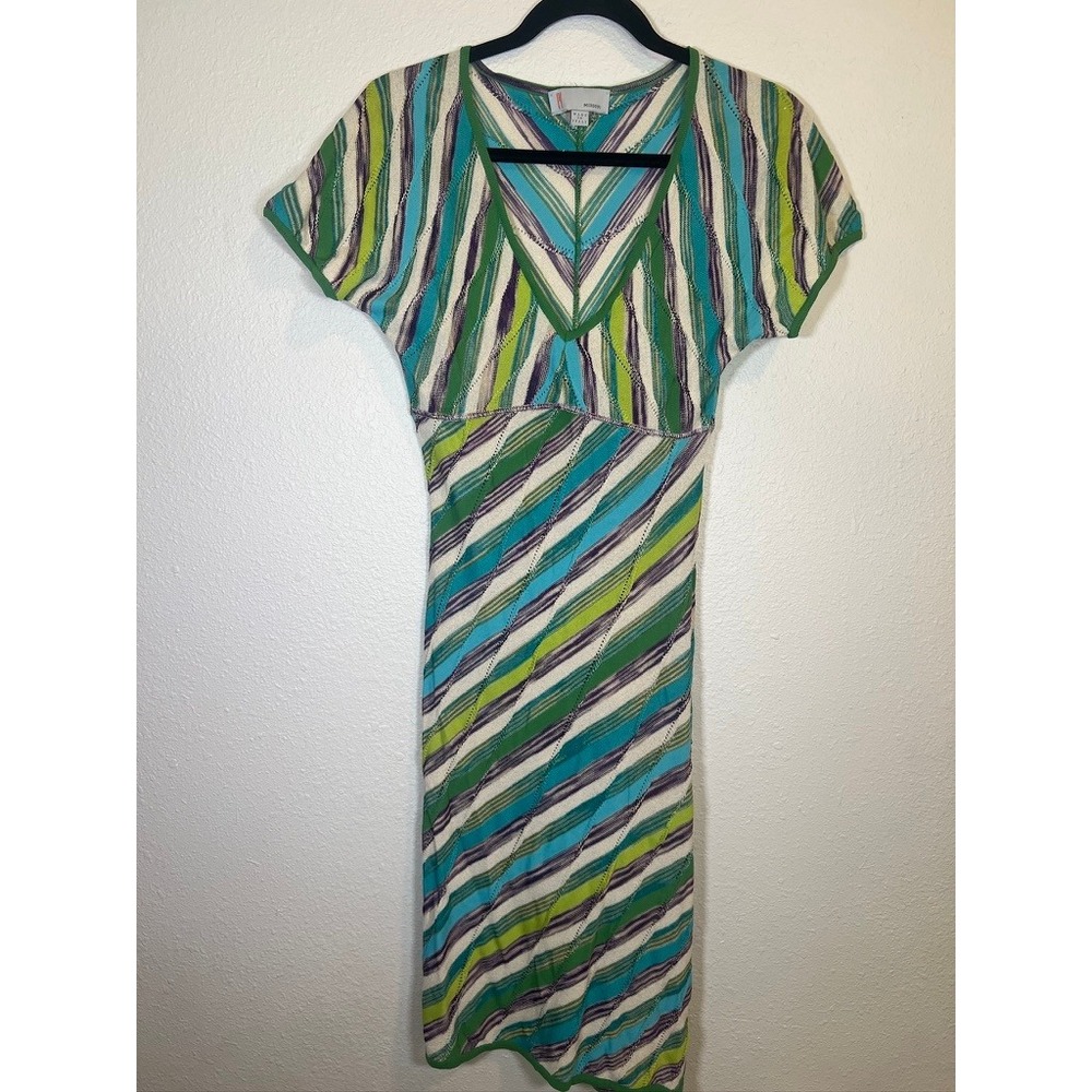 Missoni Knit‎ Midi Dress Bodycon 2 Italy Striped V-Neck Empire Waist Italian Lux